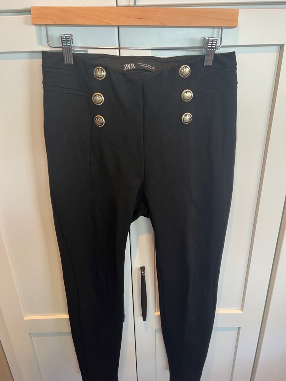 ZARA Black High-Rise Sailor Leggings Gold Button Detail Size M